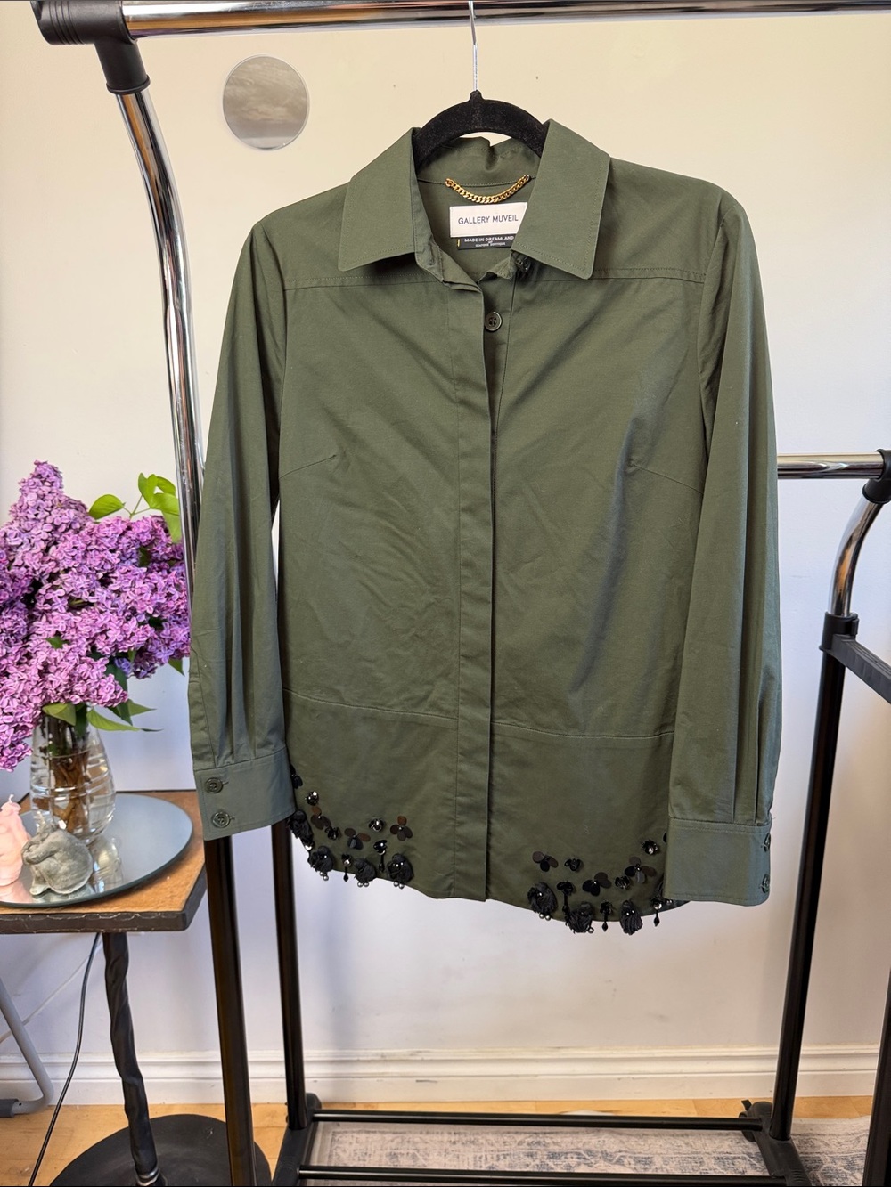Gallery Olive Utility Jacket with Black Sequin Hem